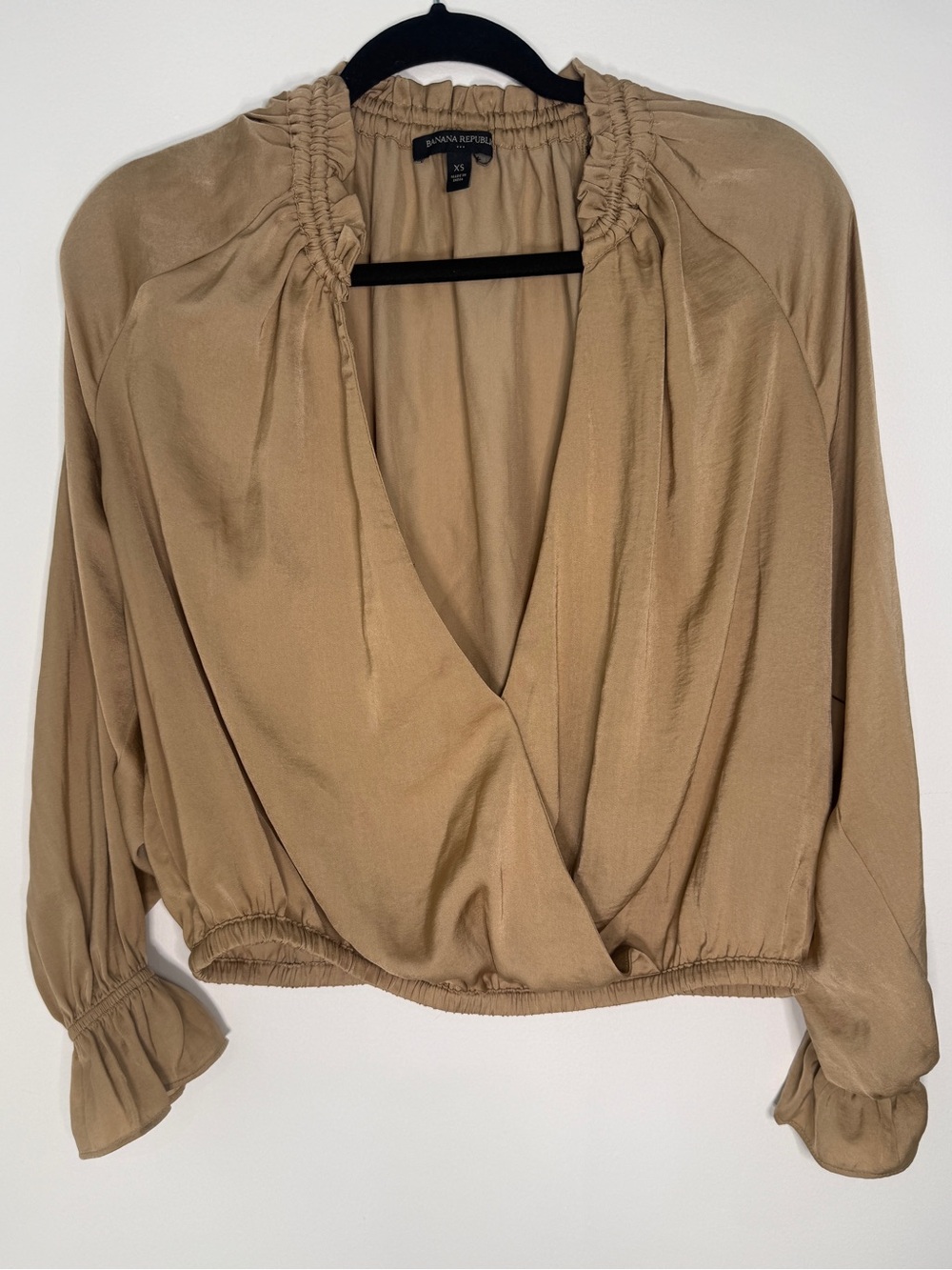 Banana Republic Khaki Wrap-Front Blouse with Gathered Neckline size XS